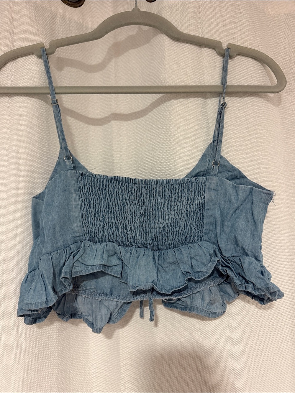 Light Blue Denim-Style Ruffle Crop Top - Picture 2 of 3